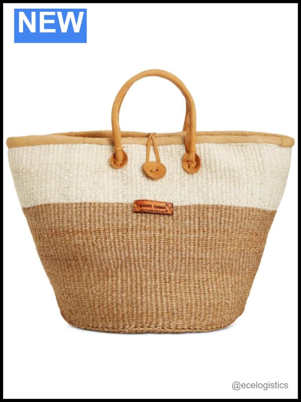 Handwoven Sisal Tote Bag with Leather Handles, Button Closure, Straw Beach